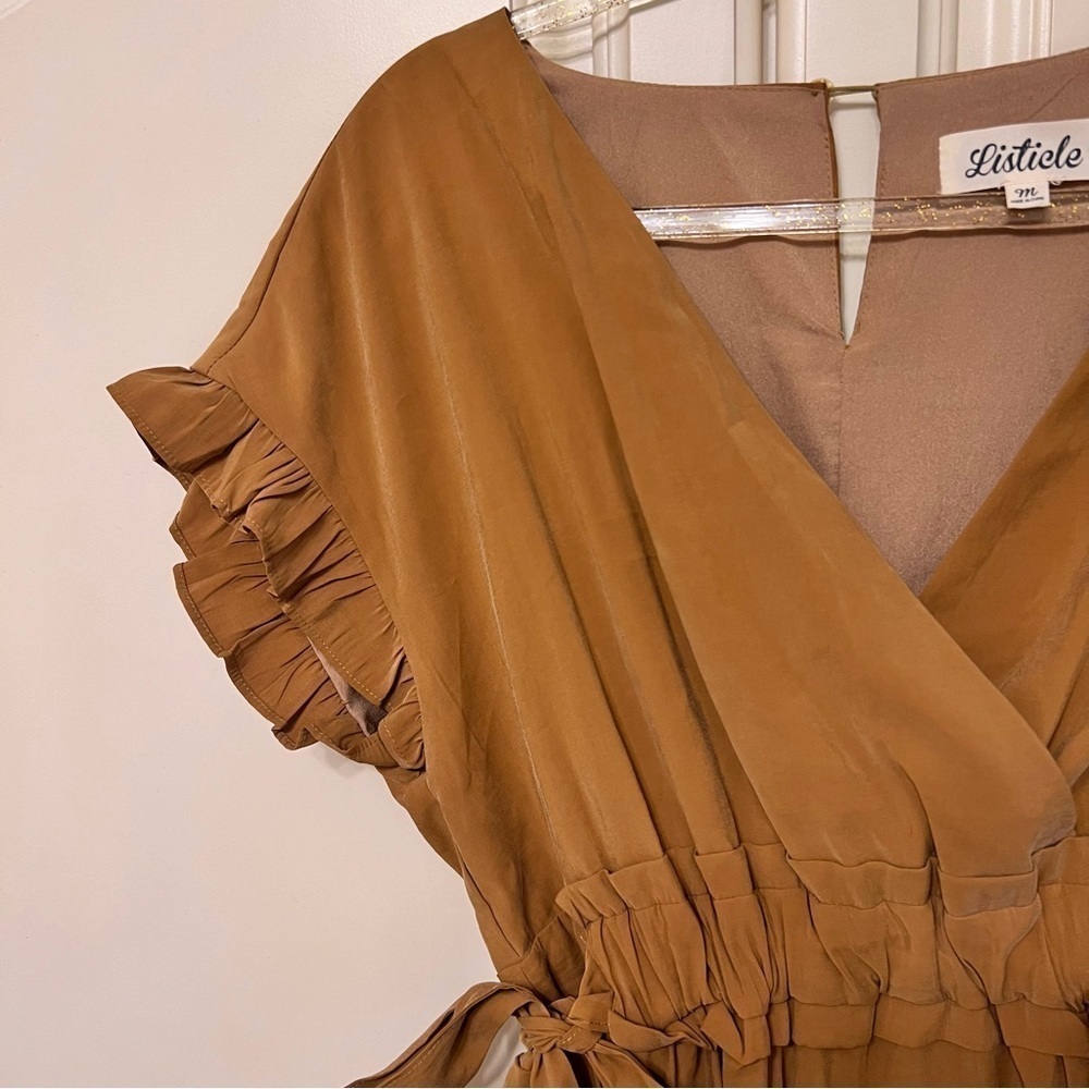 Listicle Cinched Elastic Waist & Side Tie Bow Rayon Dress in Brown, Medium - Picture 5 of 10